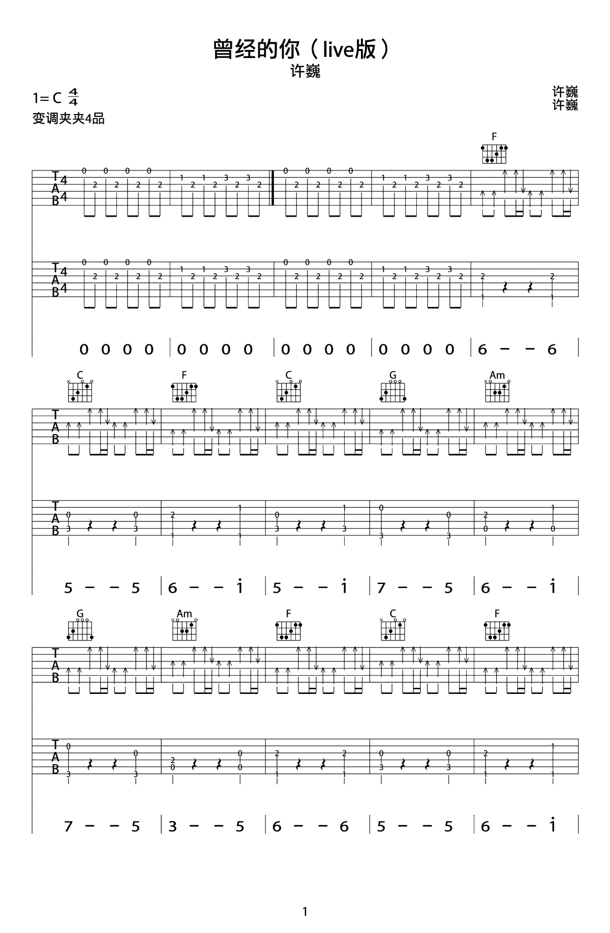 曾经的你吉他谱-许巍-LIVE版本-高清弹唱1