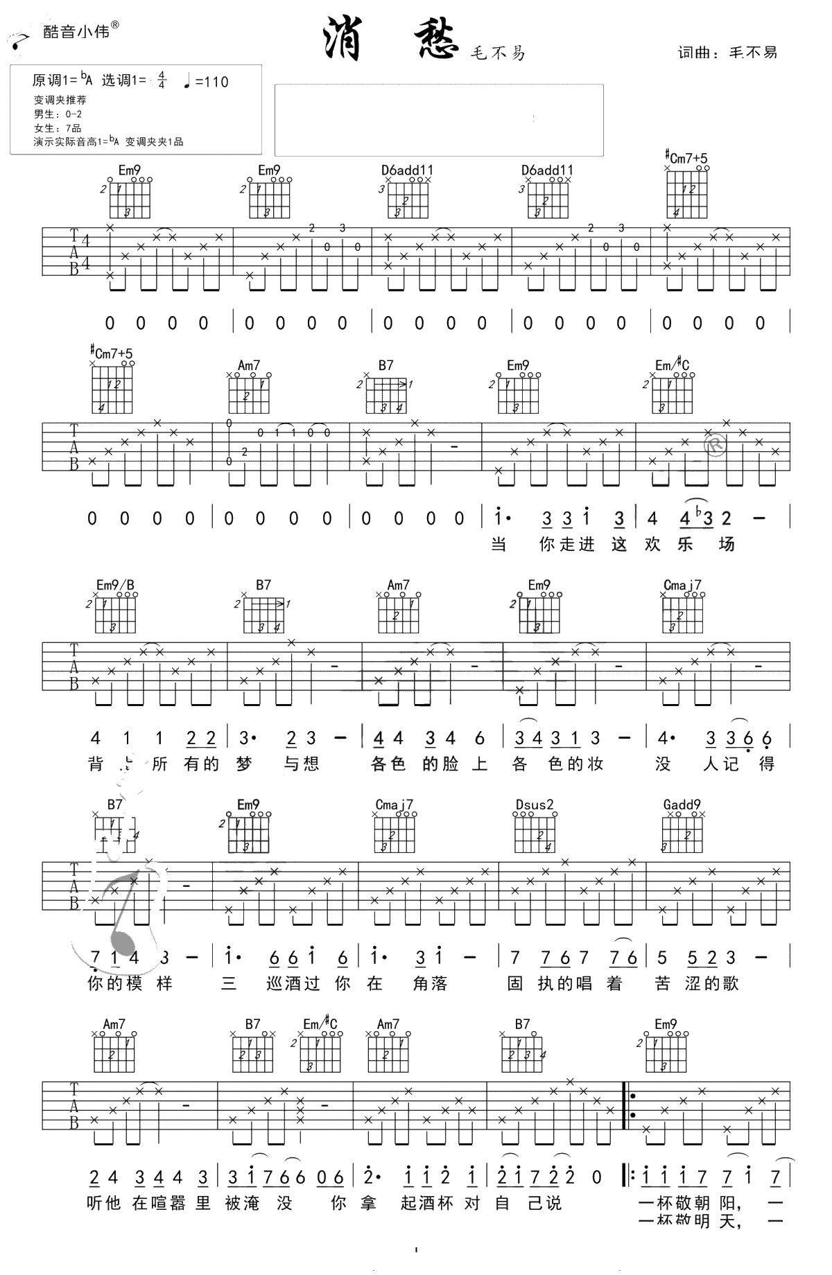 消愁吉他谱-毛不易-G调原版六线谱-弹唱1