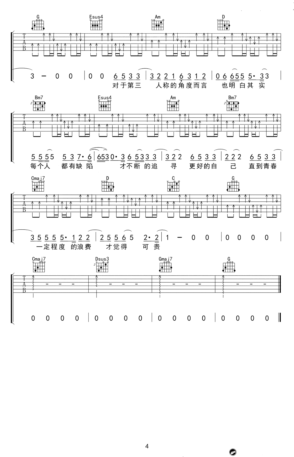 第三人称吉他谱-Hush-原版六线谱-G调弹唱谱4