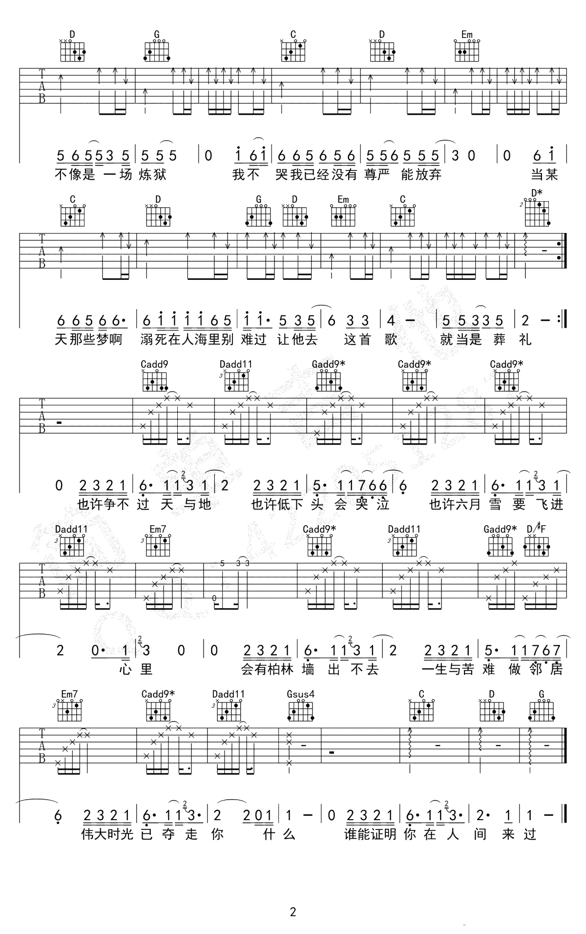 在人间吉他谱-王建房-弹唱六线谱-高清2