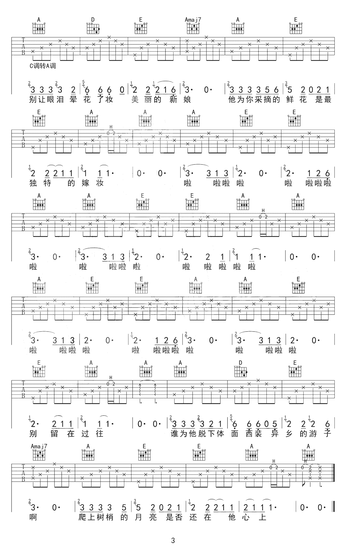 秋酿吉他谱-房东的猫-C调弹唱谱-高清3