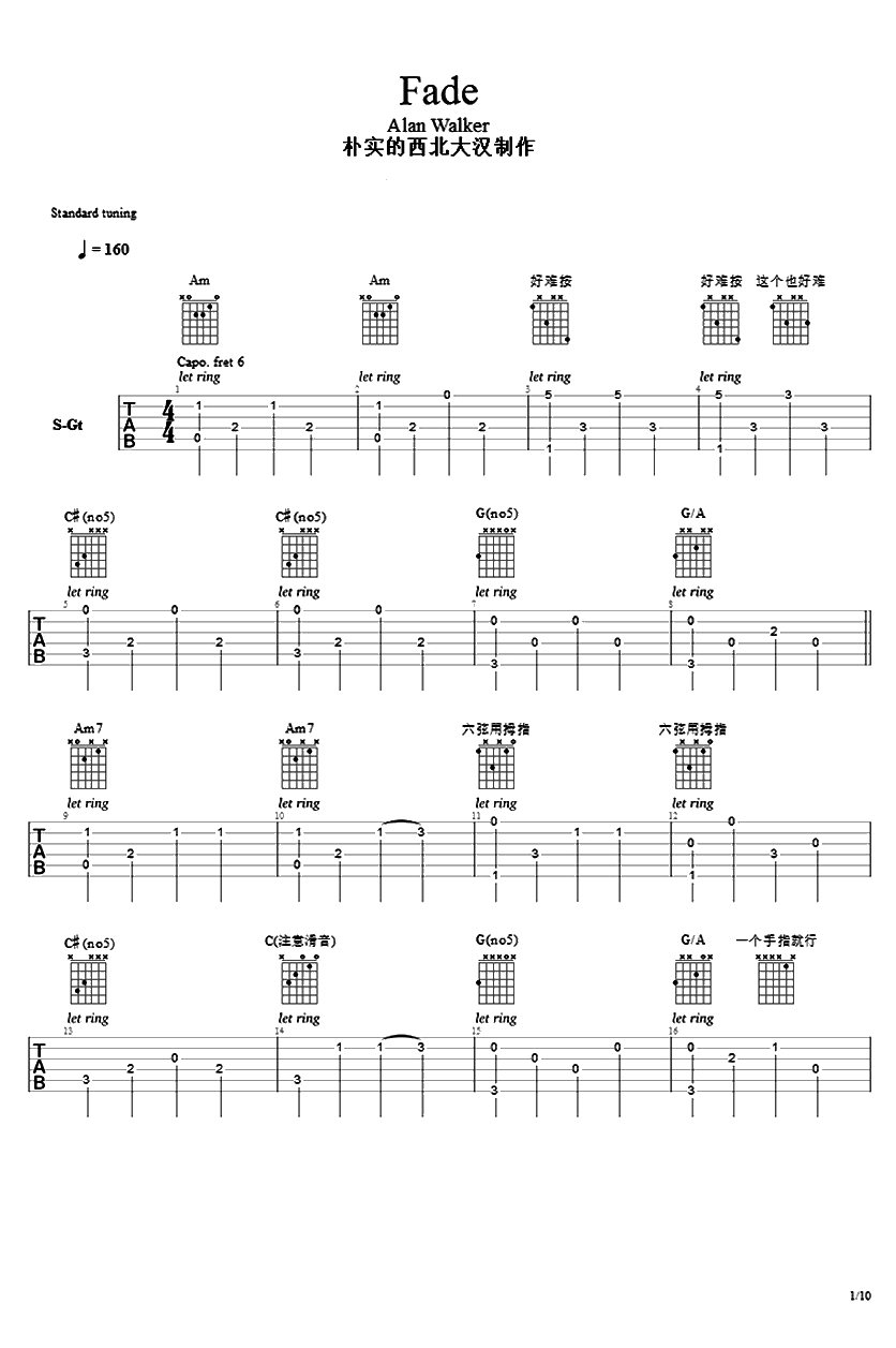 Fade吉他指弹谱-Alan Walker Fade吉他独奏谱-和弦1