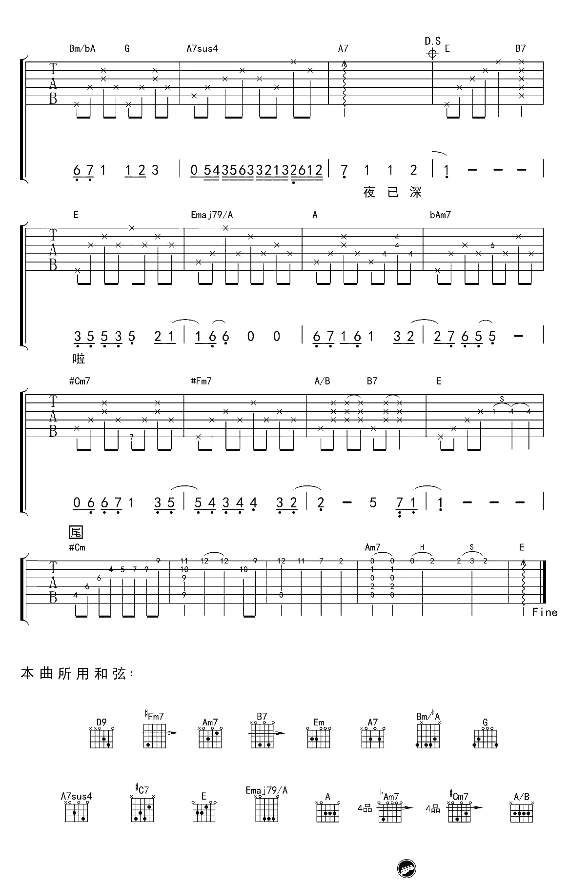 月半弯吉他谱 张学友 弹唱 六线谱3