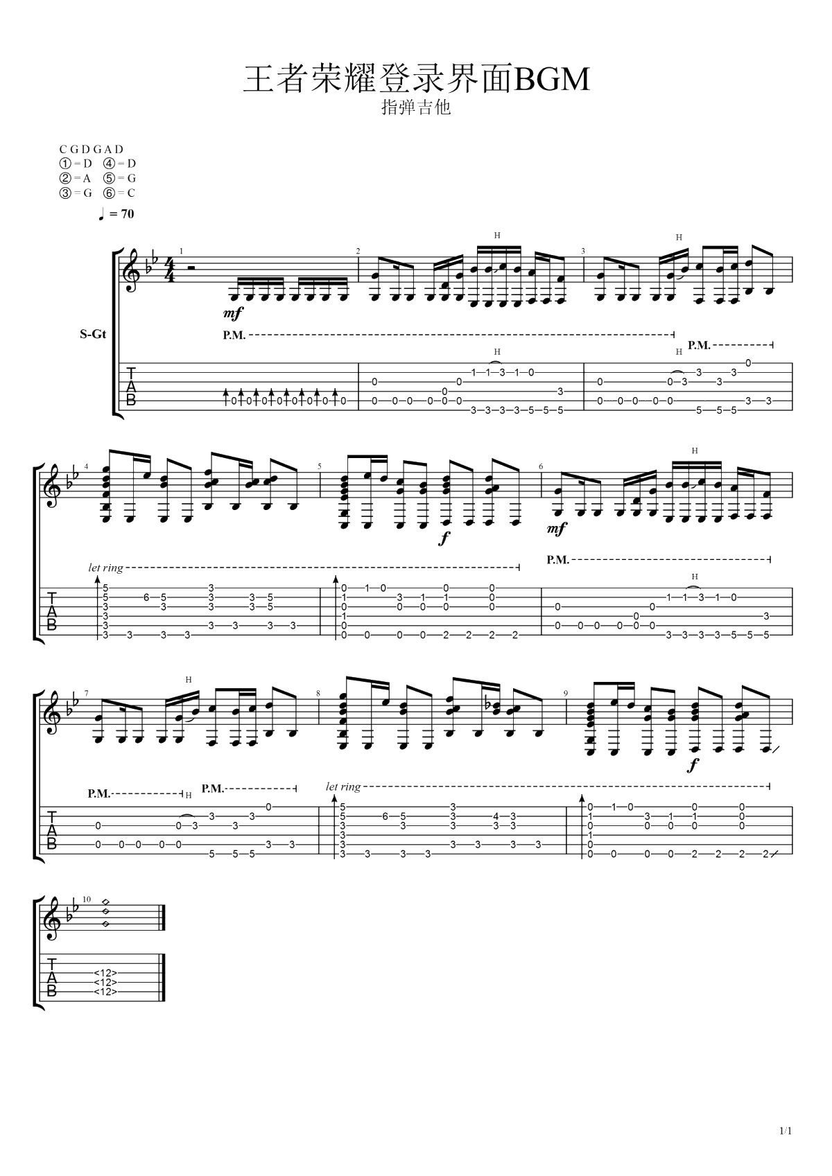 王者荣耀指弹谱-王者荣耀登录界面BGM-吉他独奏谱1