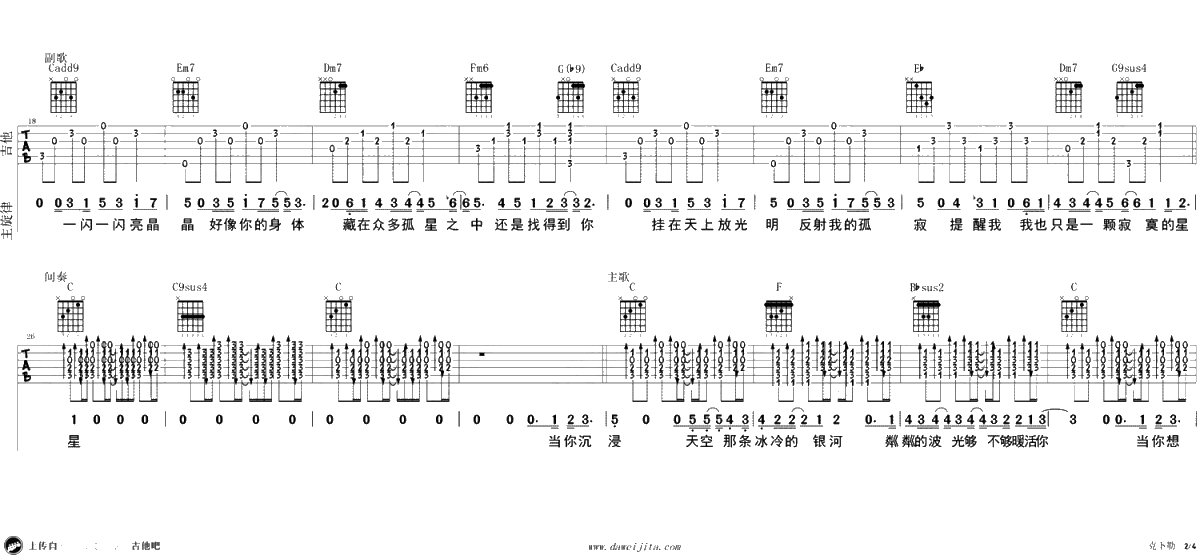 克卜勒吉他谱 C调六线谱 孙燕姿 弹唱2