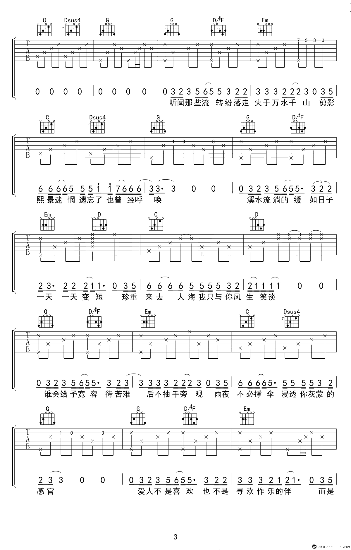 房东的猫《短叹》吉他谱-G调高清弹唱谱-3