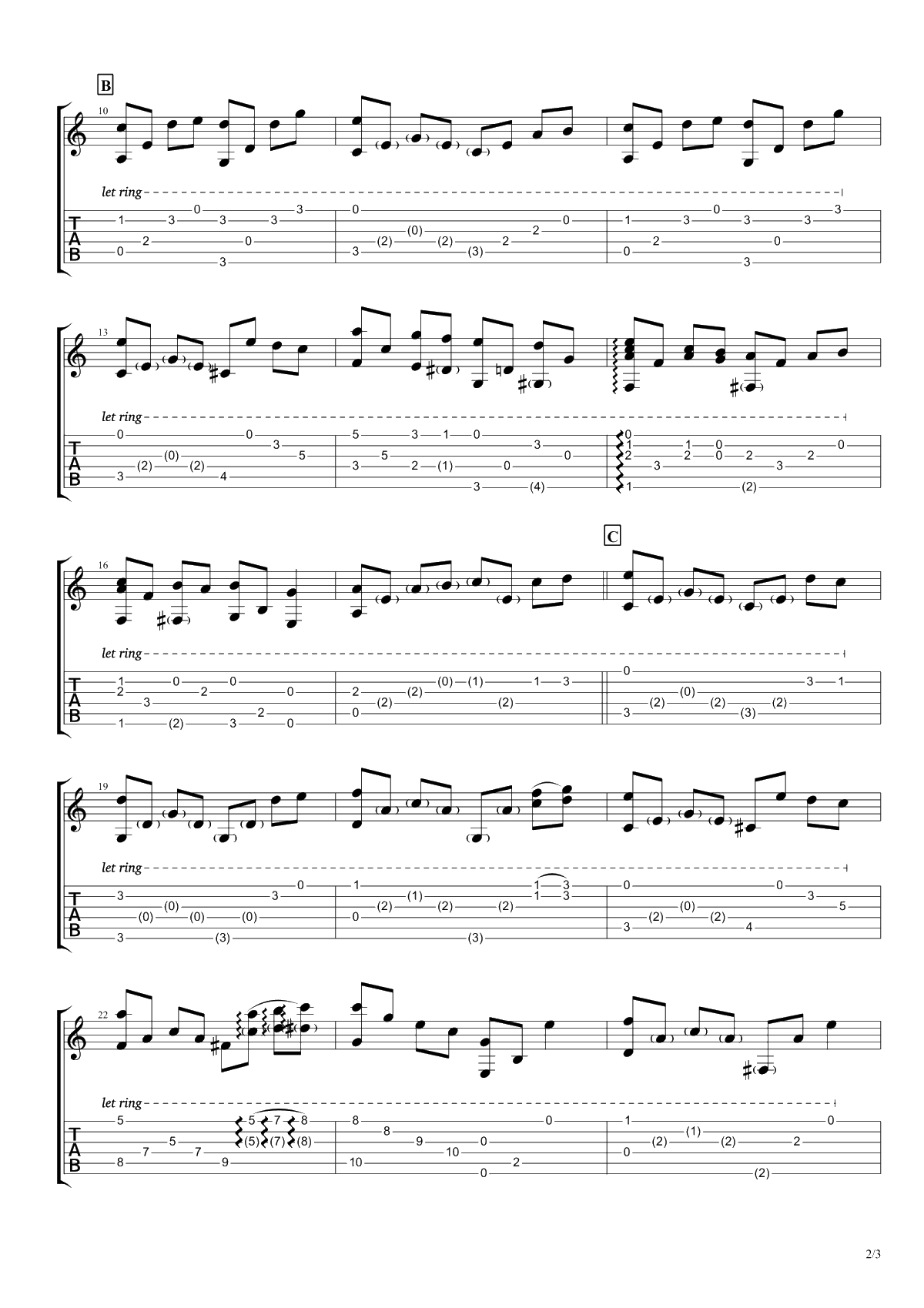 班得瑞《童年》指弹谱-吉他独奏谱-C调简单版2