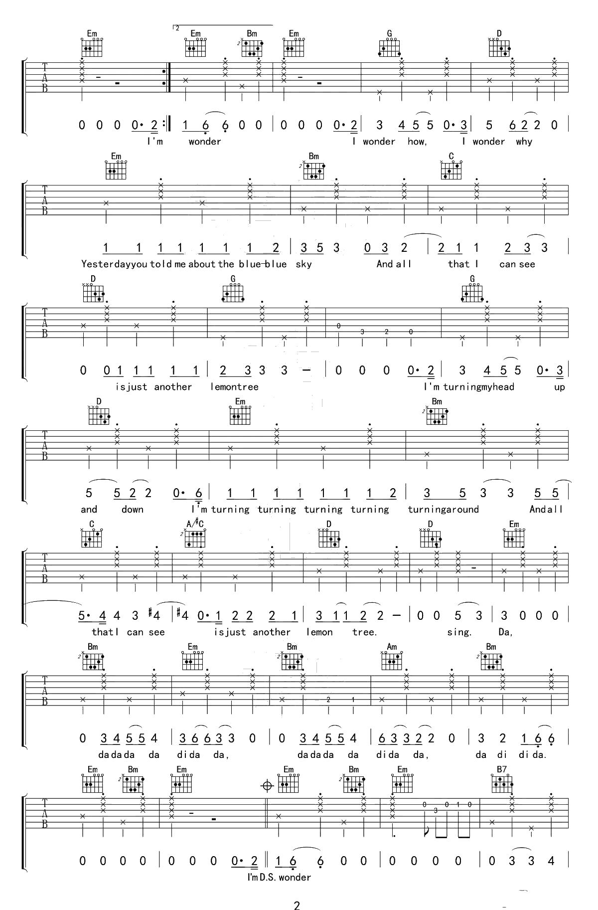 柠檬树吉他谱-G调高清弹唱谱-Lemon Tree吉他2