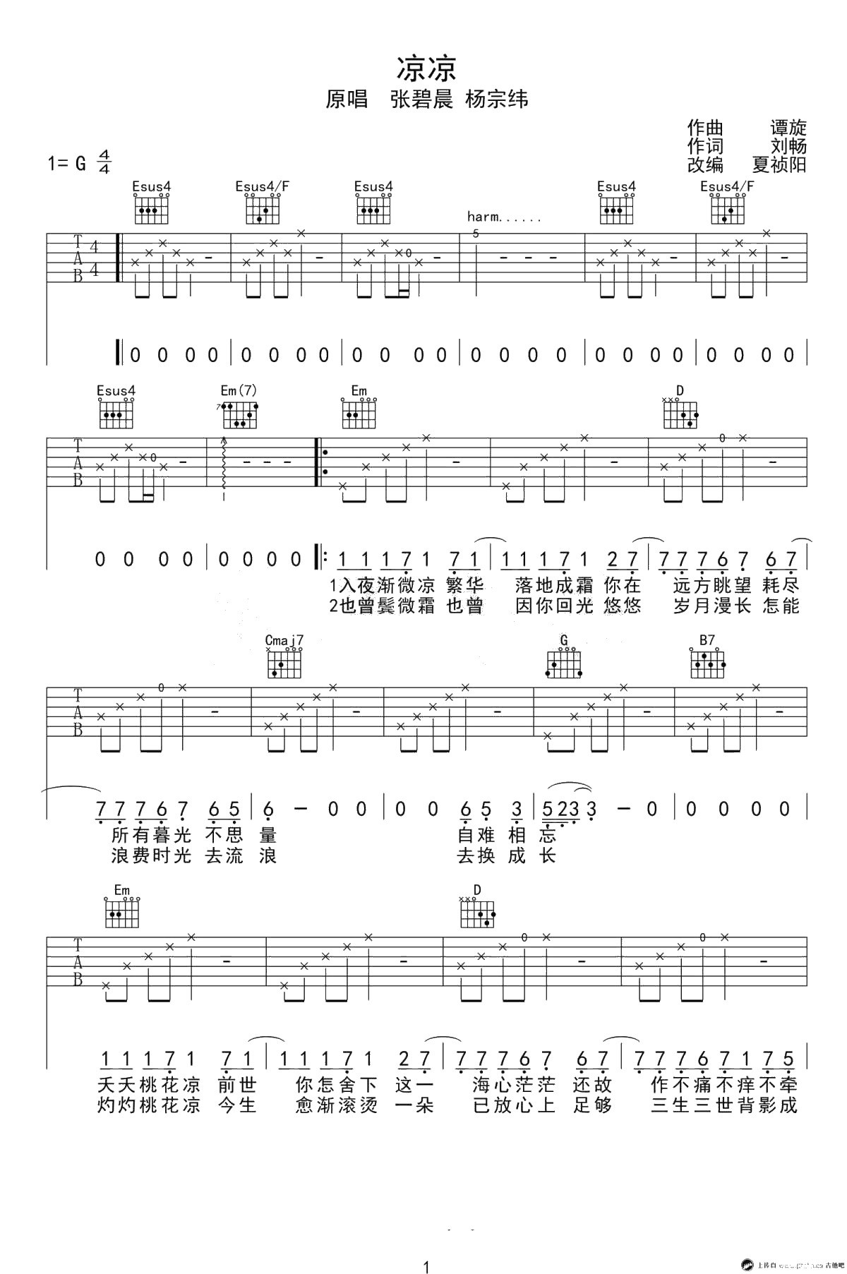 凉凉吉他谱-张碧晨《三生三世十里桃花》弹唱谱六线谱1
