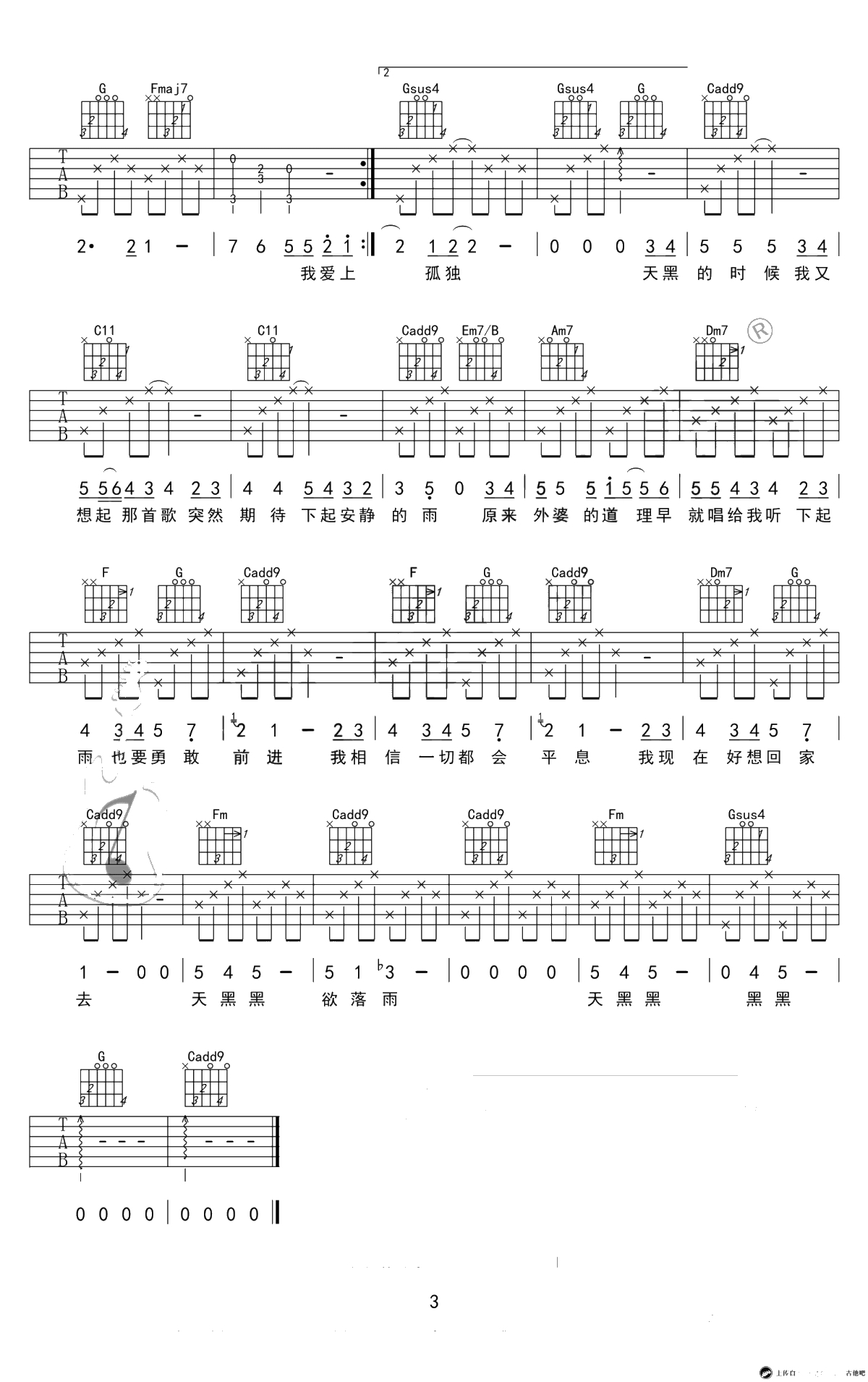 天黑黑吉他谱-C调简单版-孙燕姿-初级进阶弹唱谱-3