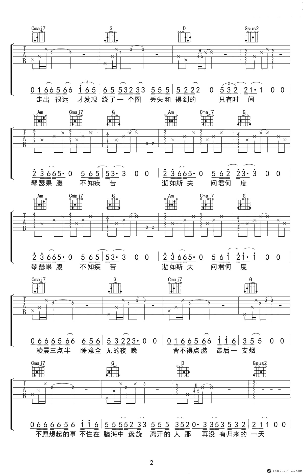 如斯吉他谱 G调弹唱谱 丢火车乐队 高清2