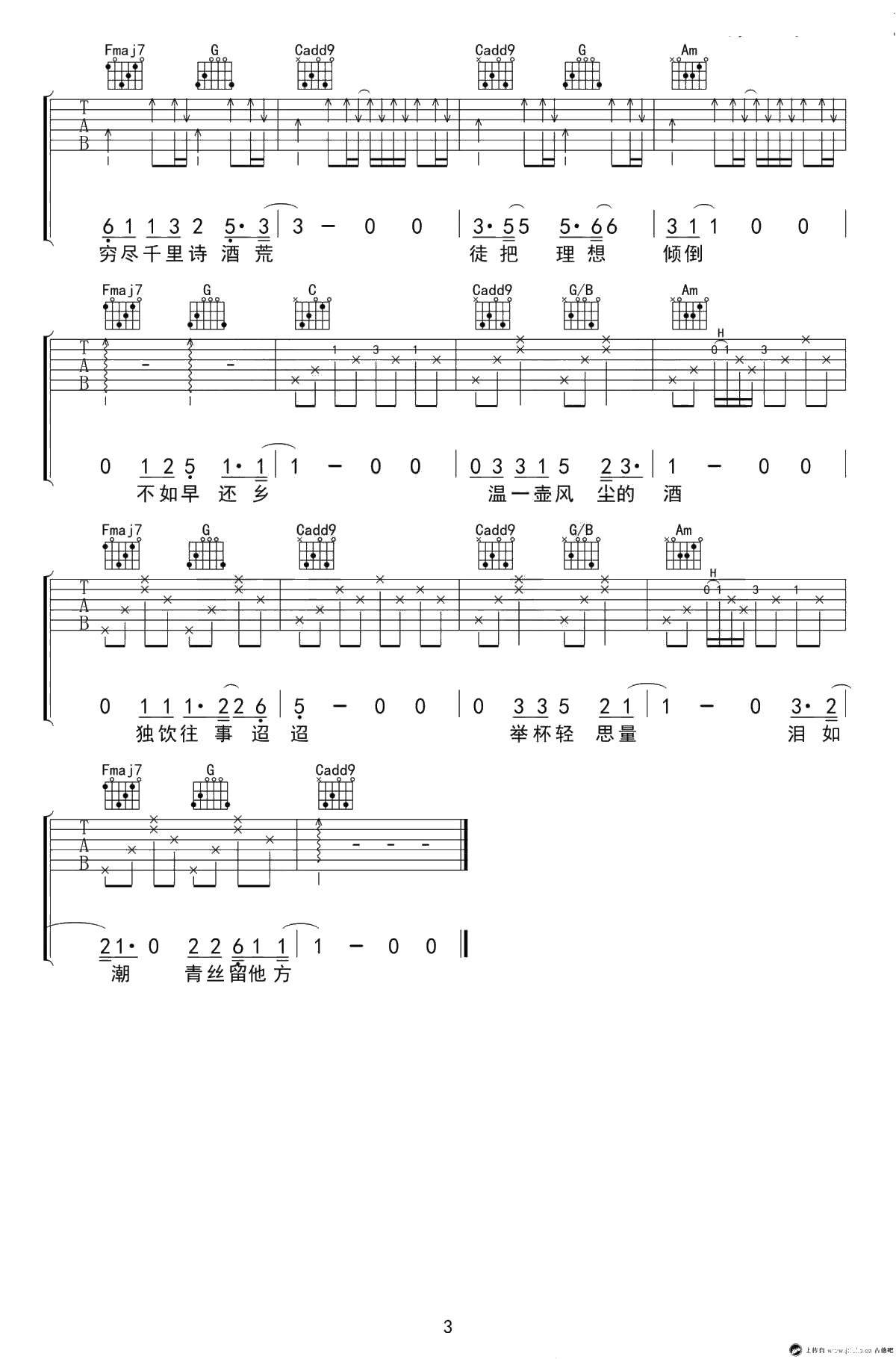 愚青《旧词》吉他谱-C调弹唱谱-高清图片六线谱3