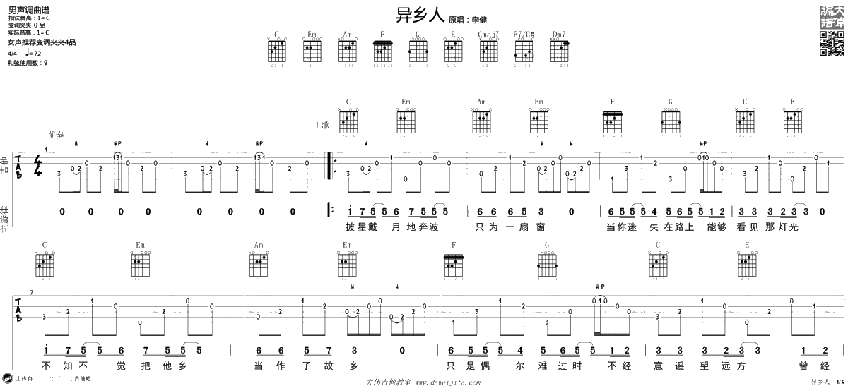 异乡人吉他谱 李健 C调弹唱六线谱 -吉他1