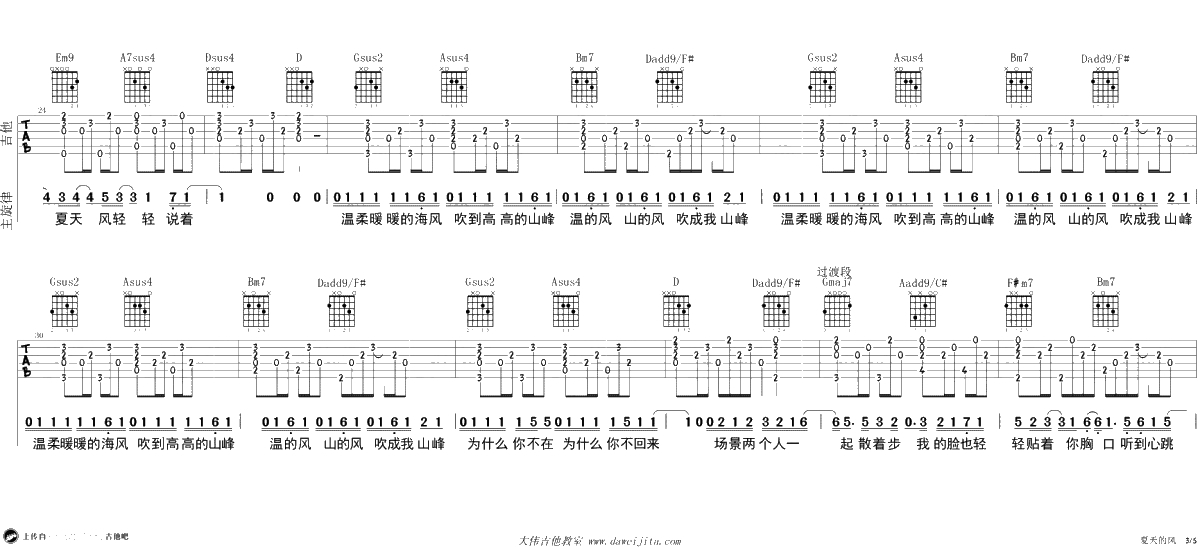 夏天的风吉他谱-温岚-女生版弹唱谱-吉他3