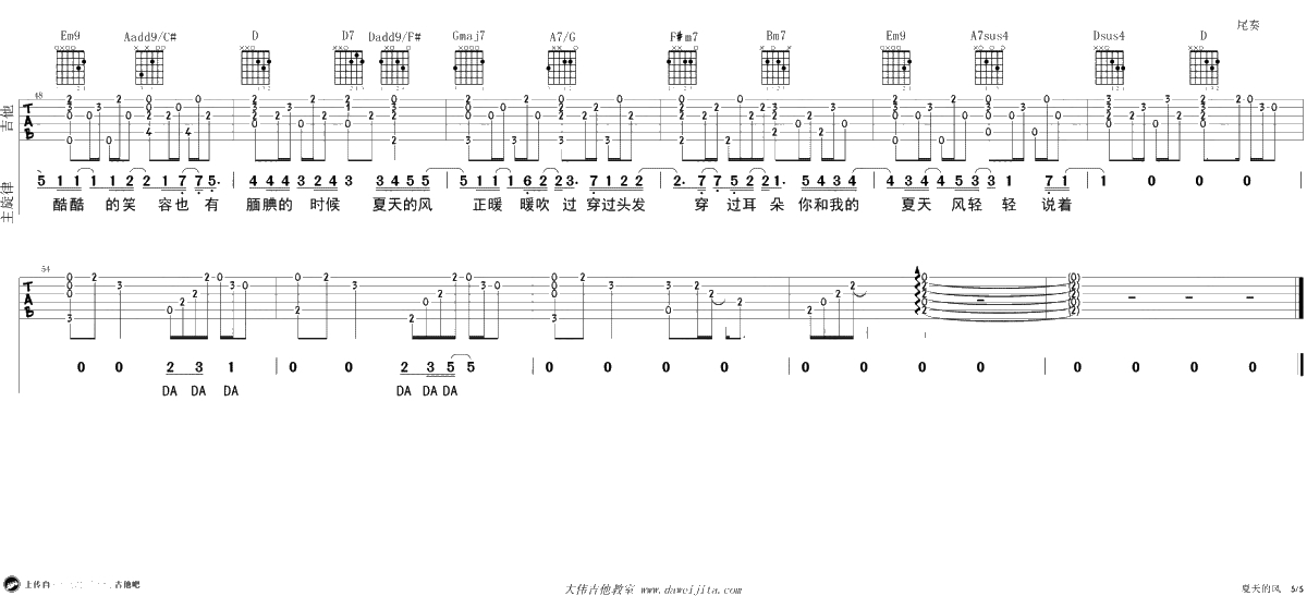 夏天的风吉他谱-温岚-女生版弹唱谱-吉他5