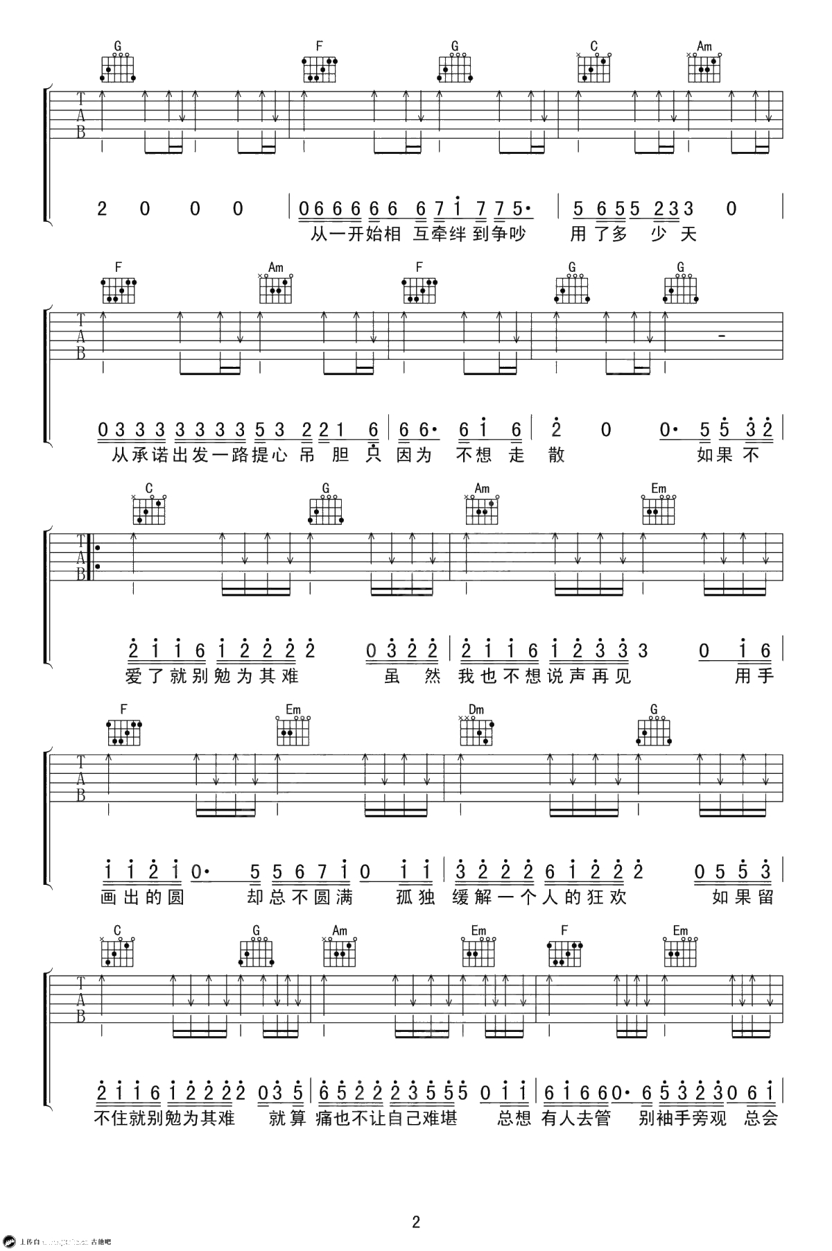 勉为其难吉他谱-王冕-C调弹唱谱-六线谱2