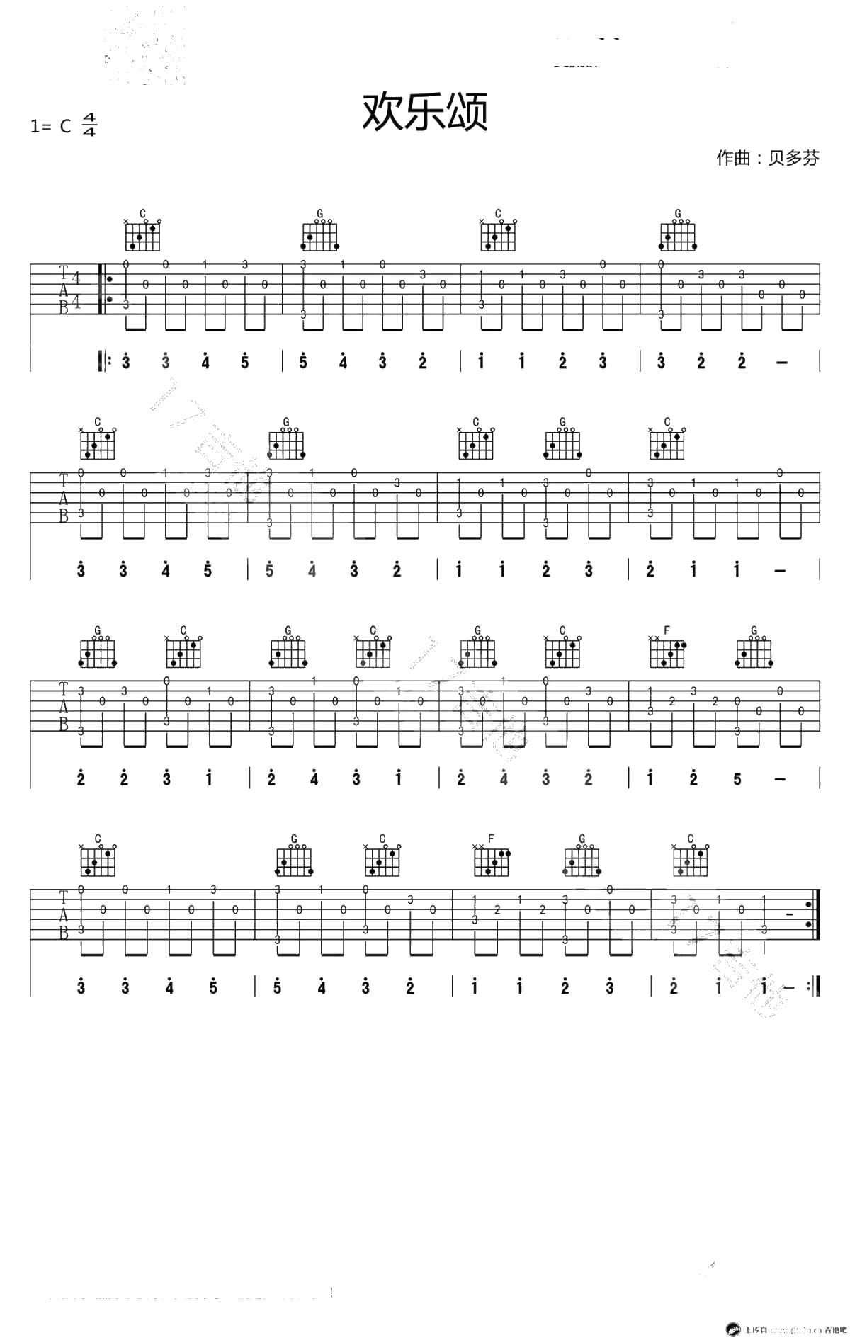 欢乐颂指弹谱-C调简单版-吉他独奏练习曲-高清1