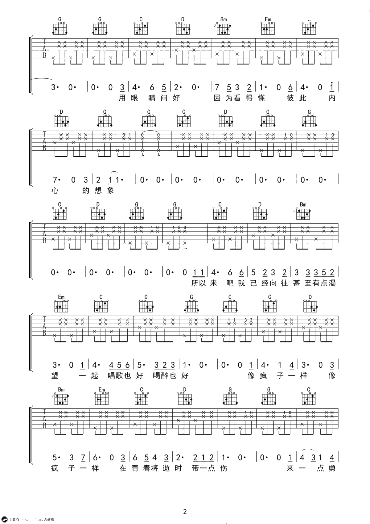 《所以来吧》吉他谱-房东的猫G调-原版弹唱谱2