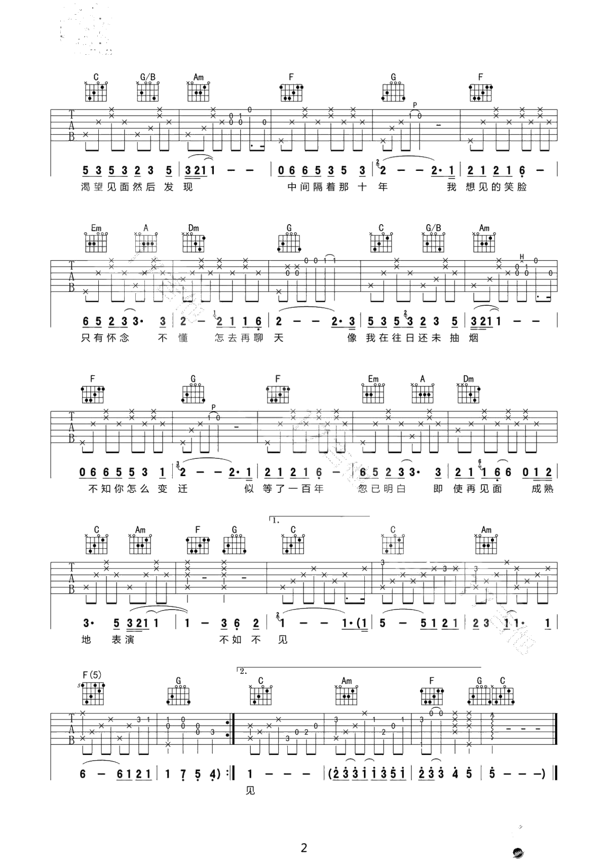 不如不见吉他谱-陈奕迅C调弹唱谱-高清2