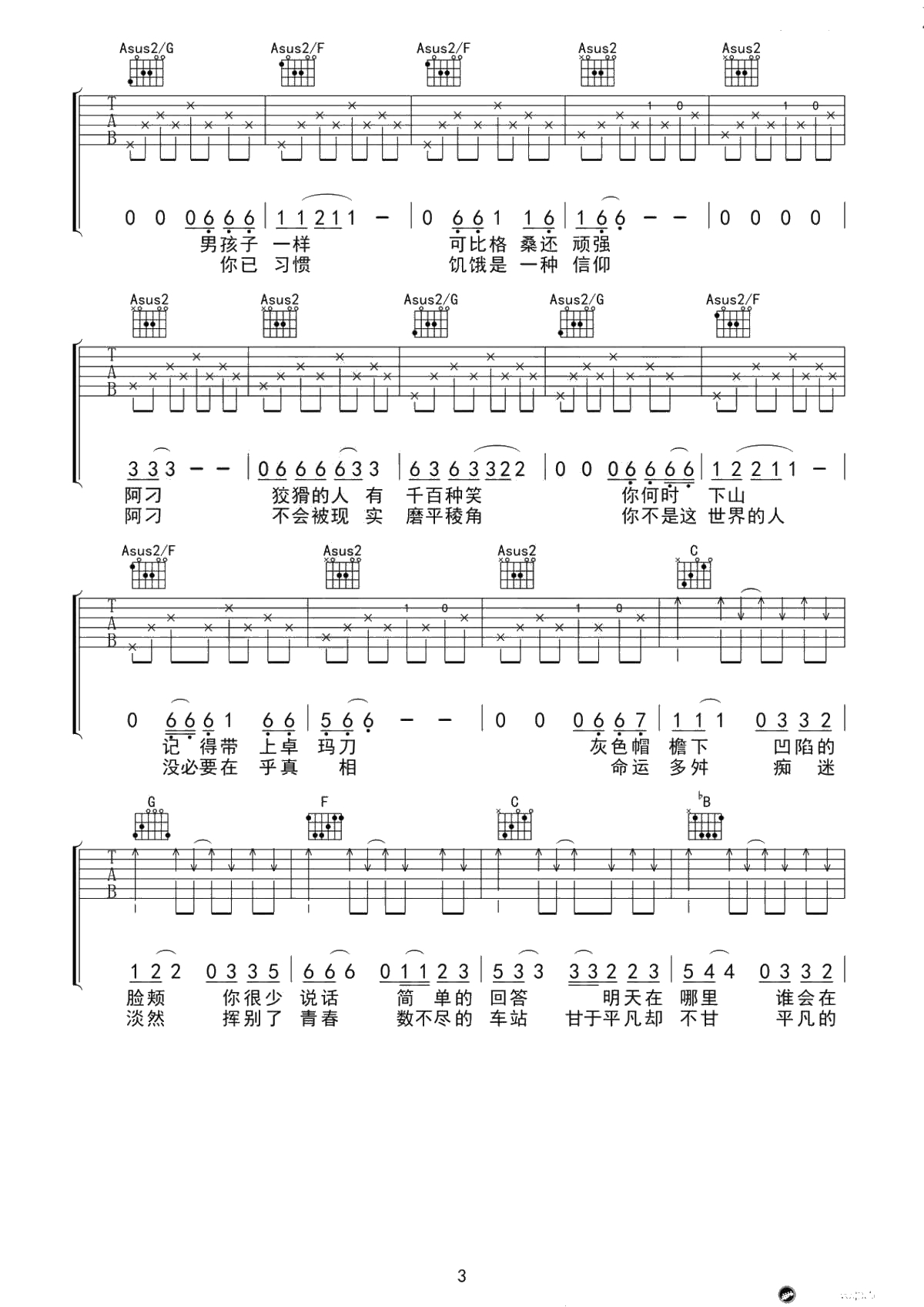 阿刁吉他谱-C调弹唱六线谱-高清完整版-赵雷3