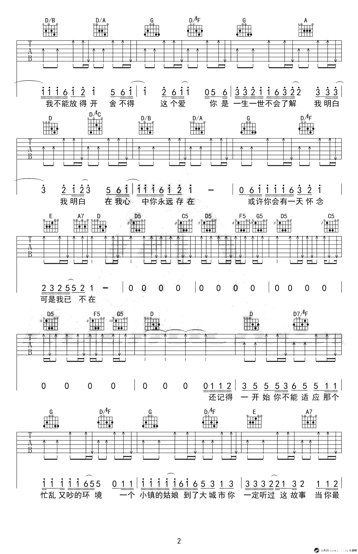 小镇姑娘吉他谱-D调版本-陶喆-六线谱高清2