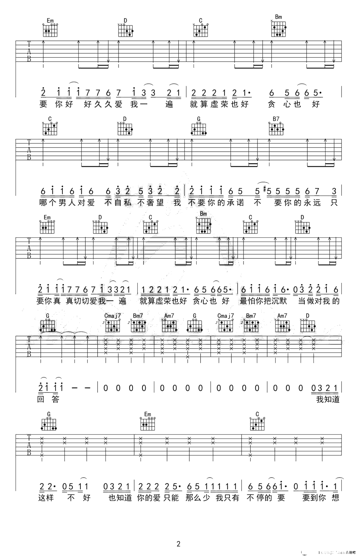 原来你什么都不想要吉他谱-G调高清弹唱谱-张惠妹2