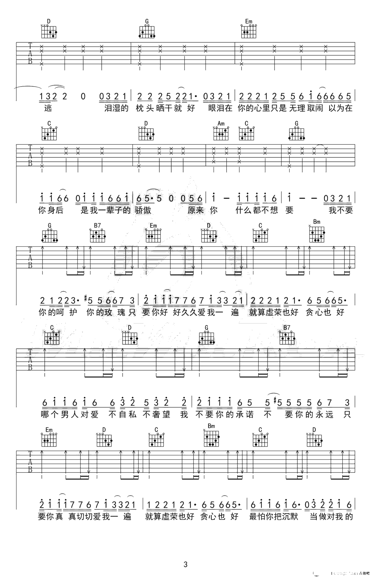 原来你什么都不想要吉他谱-G调高清弹唱谱-张惠妹3