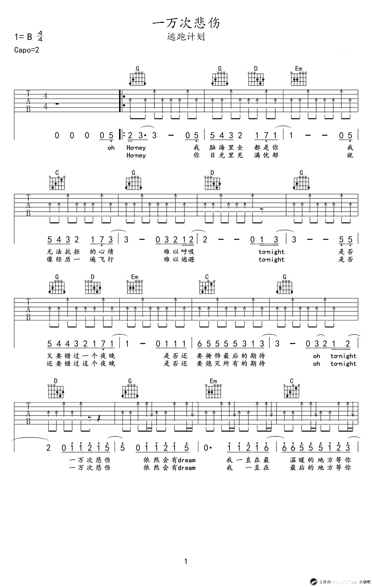 一万次悲伤吉他谱-G调弹唱谱-逃跑计划1