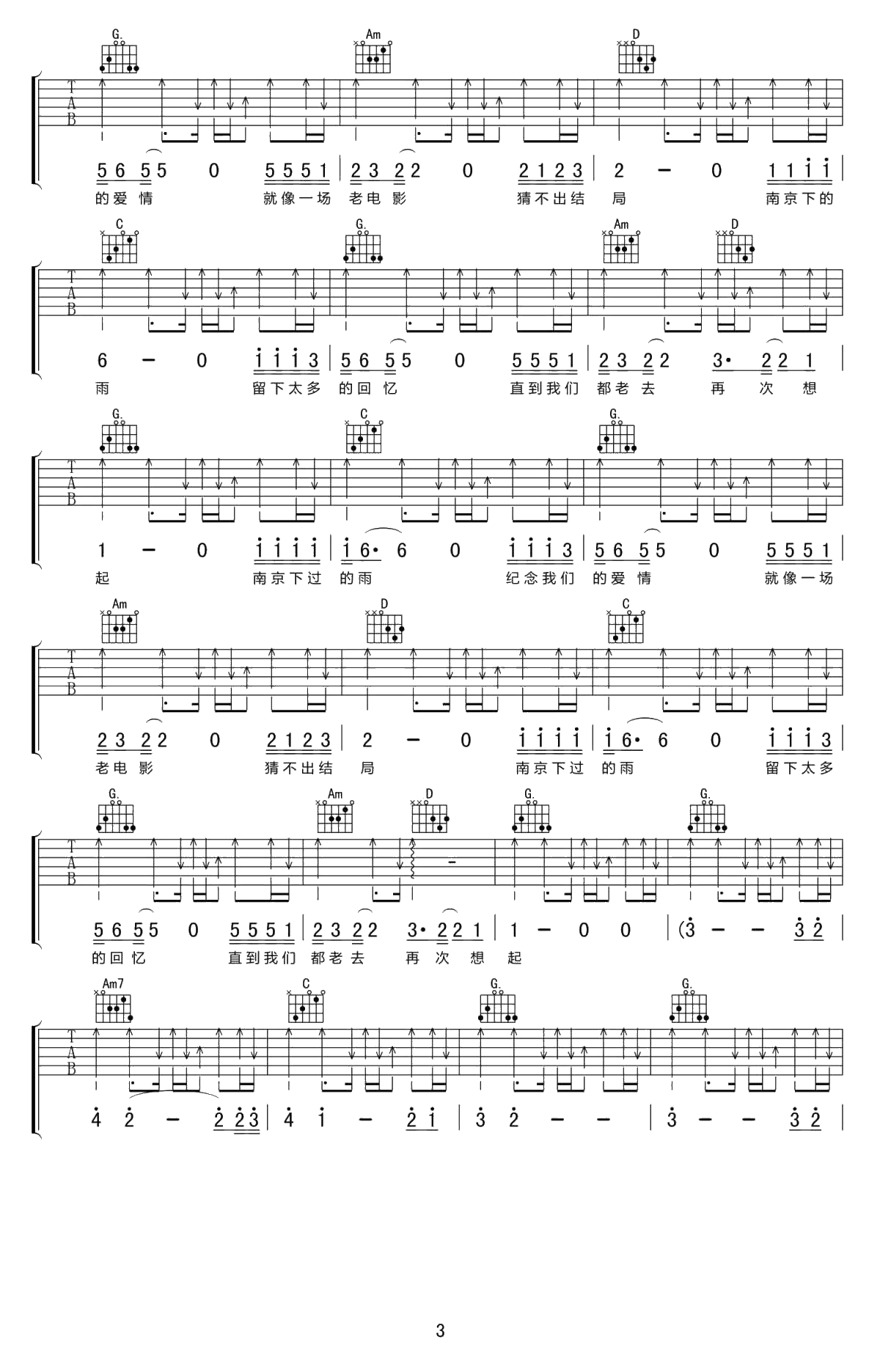 南京下的雨吉他谱-G调弹唱谱-刘小天3