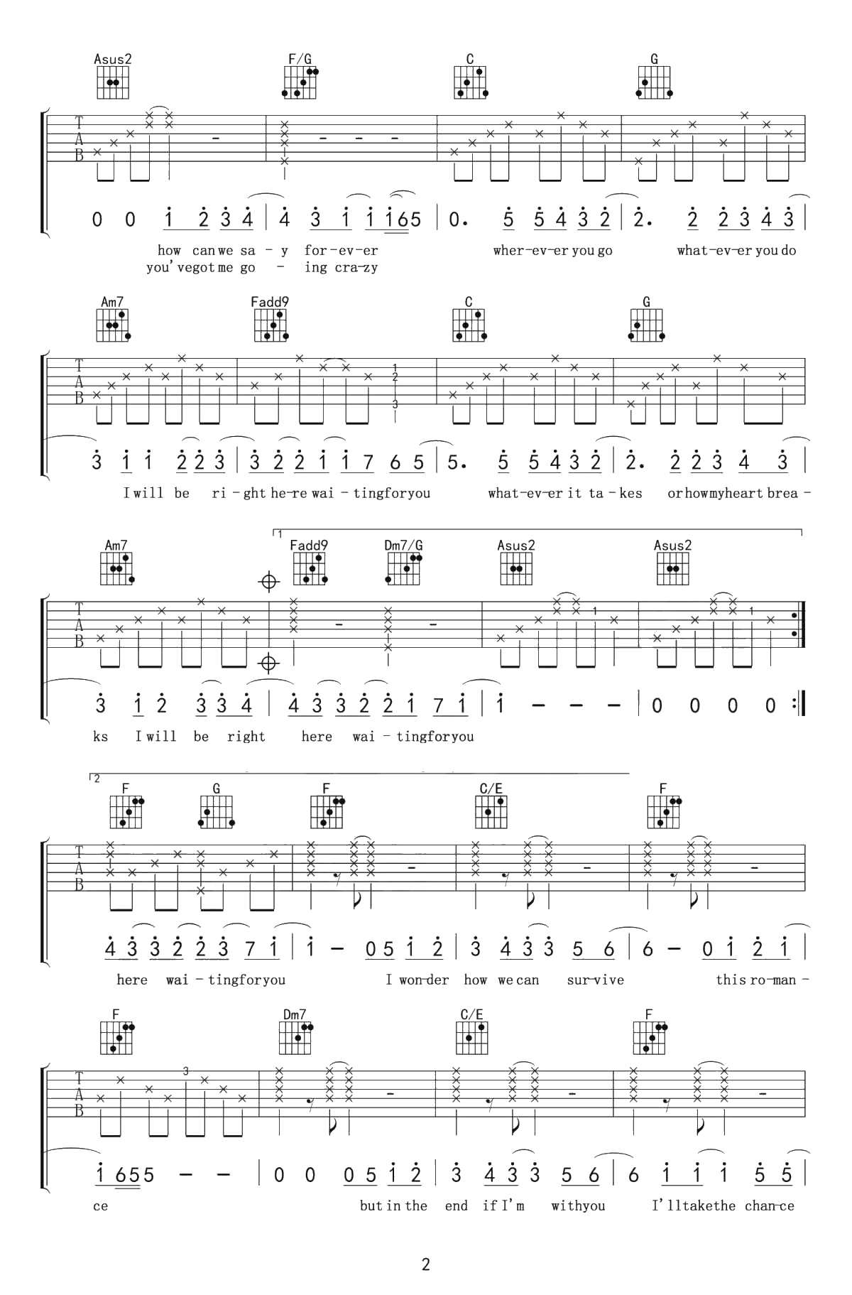 Right Here Waiting吉他谱-C调弹唱谱-吉他2