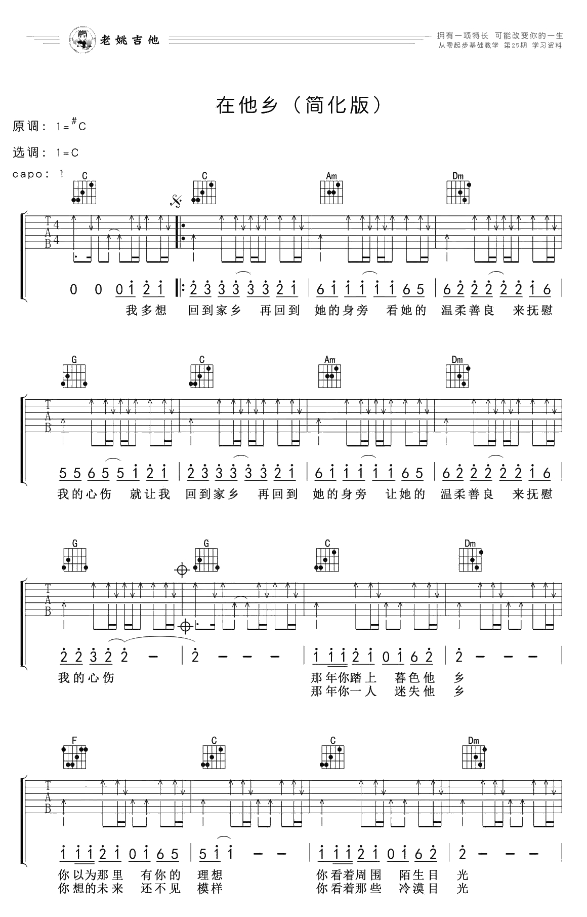 在他乡吉他谱-C调简化版-吉他-水木年华1