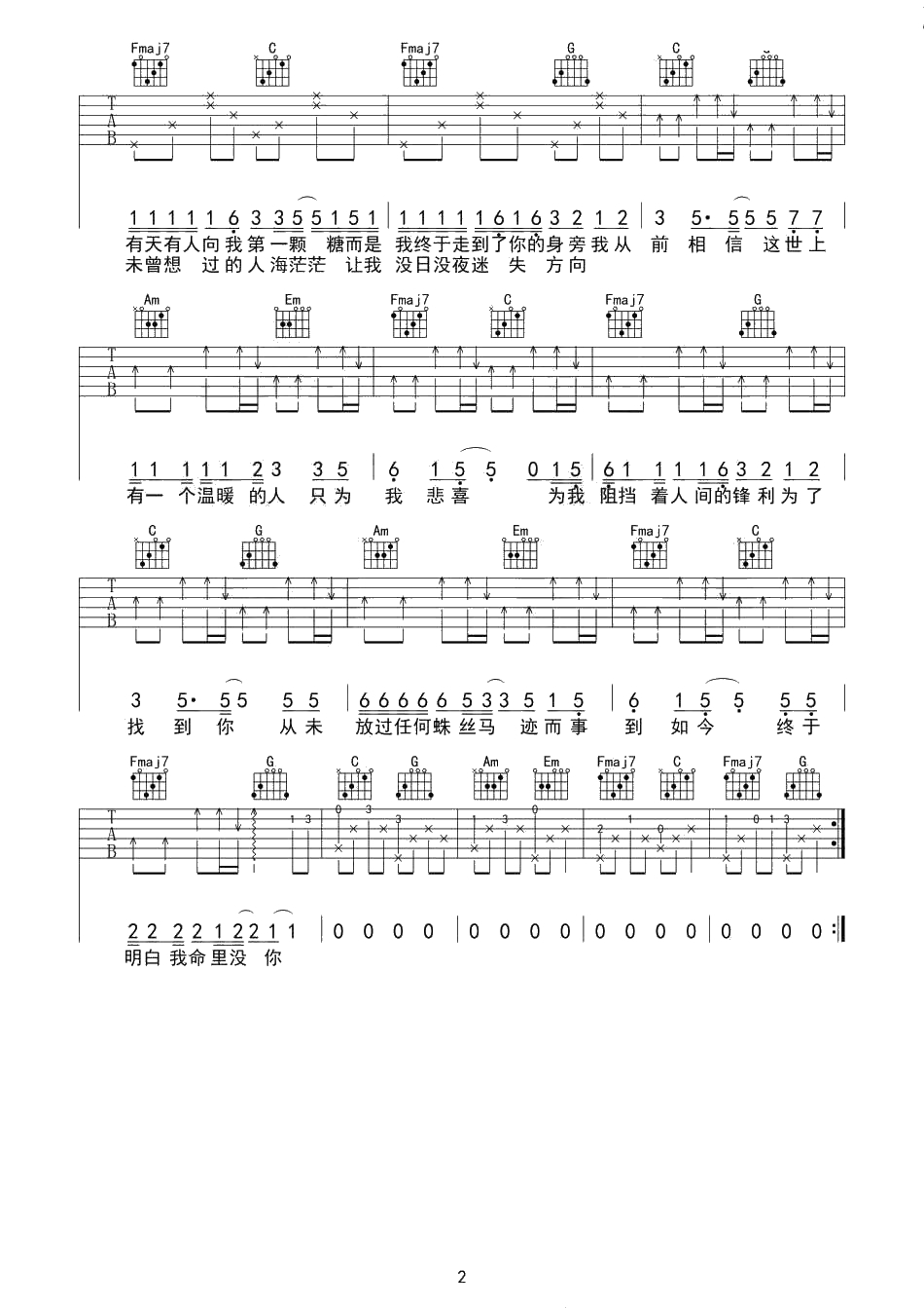 遥不可及的你吉他谱-C调弹唱谱-六线谱-花粥2