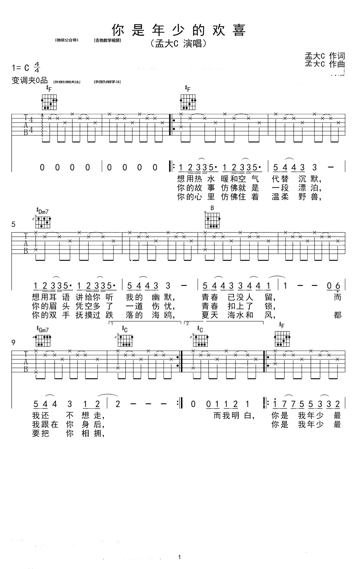 你是年少的欢喜吉他谱-孟大C/王贰浪-吉他弹唱谱1
