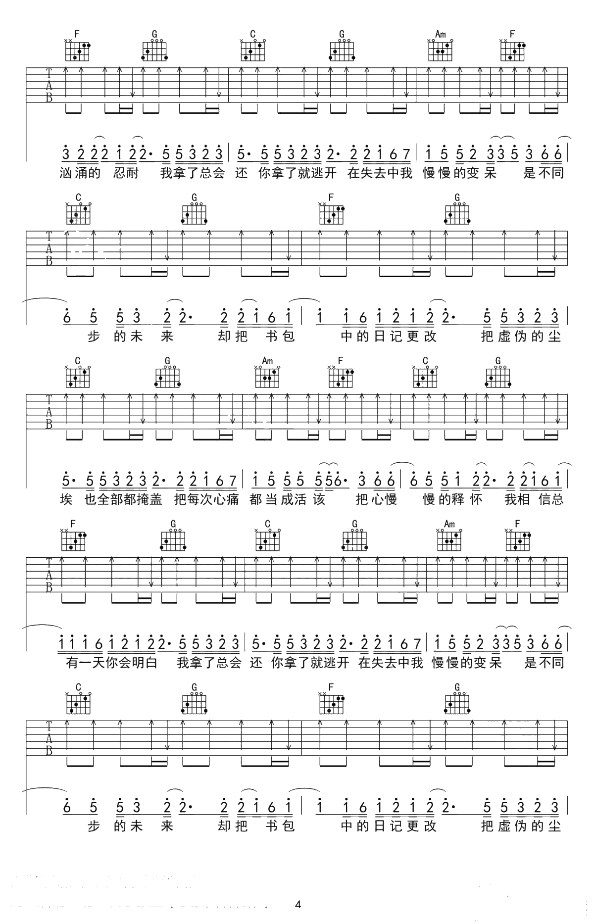 去年夏天吉他谱-王大毛-高清弹唱谱-4