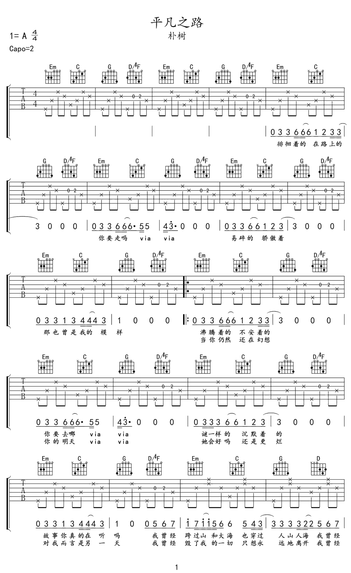 平凡之路吉他谱-弹唱六线谱-本-朴树1