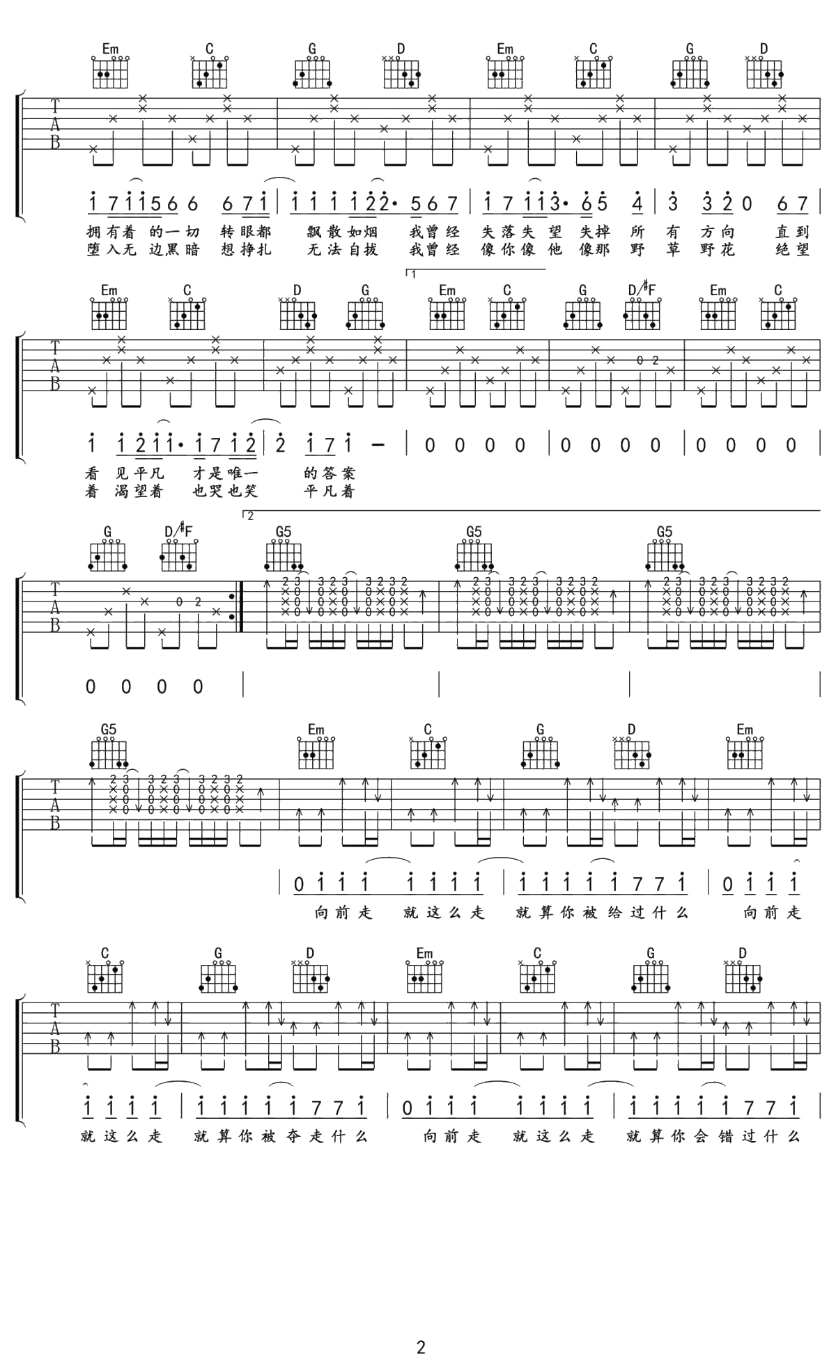 平凡之路吉他谱-弹唱六线谱-本-朴树2