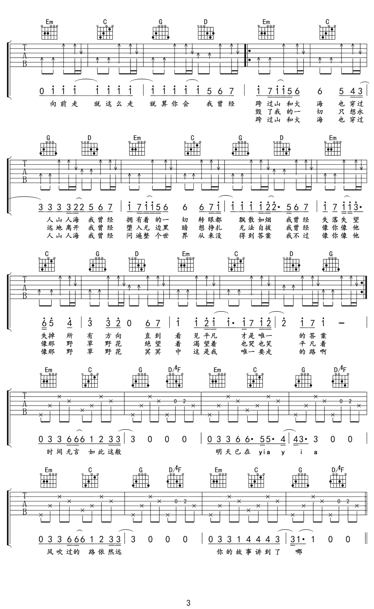 平凡之路吉他谱-弹唱六线谱-本-朴树3
