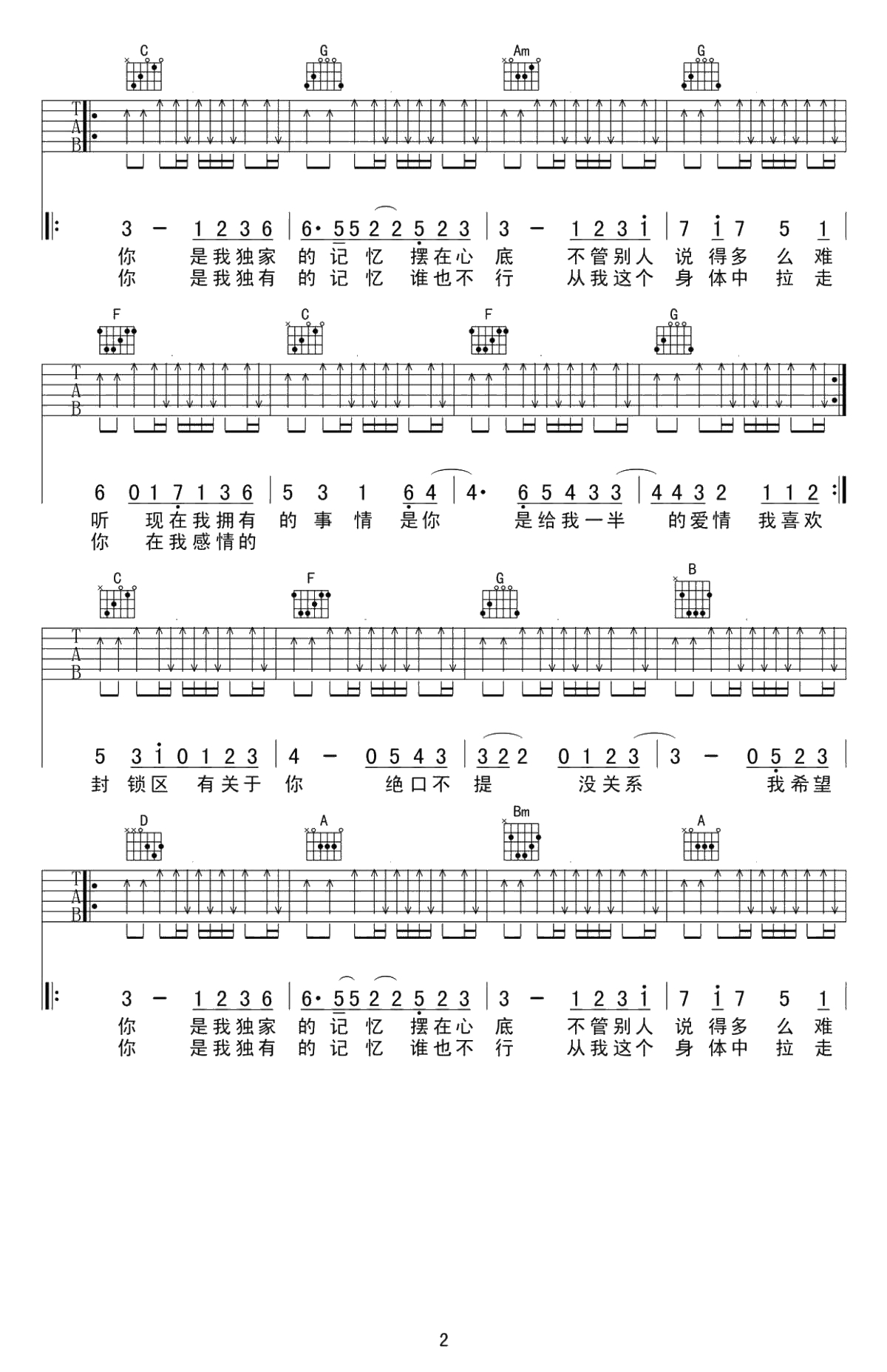独家记忆吉他谱-C调弹唱谱-陈小春-六线谱2