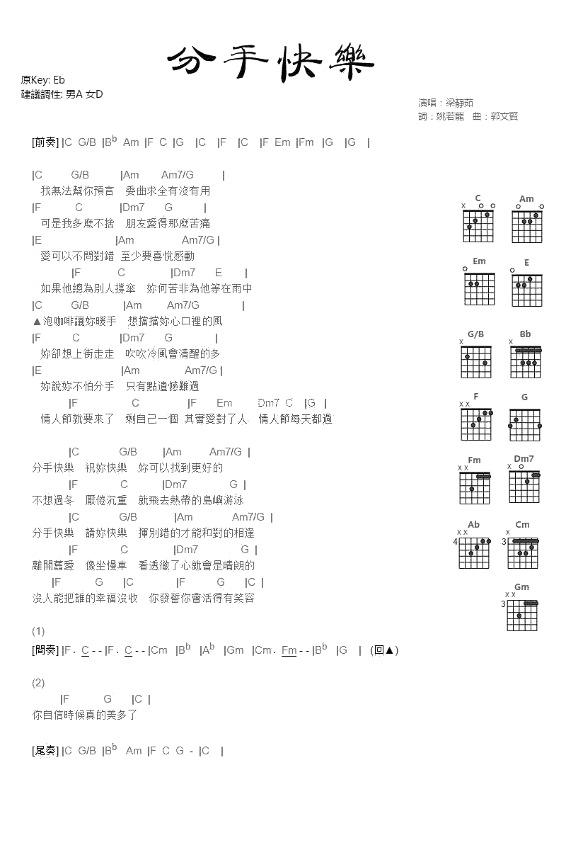 《分手快乐》吉他谱-弹唱谱-梁静茹1