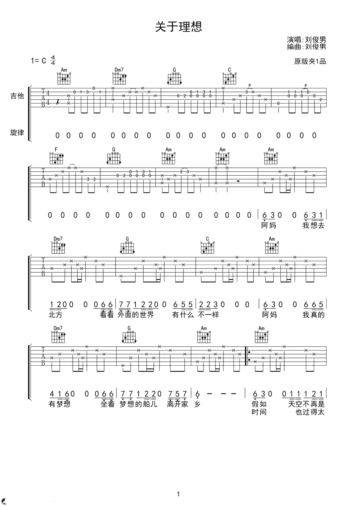 关于理想吉他谱-刘俊男-关于理想六线谱1