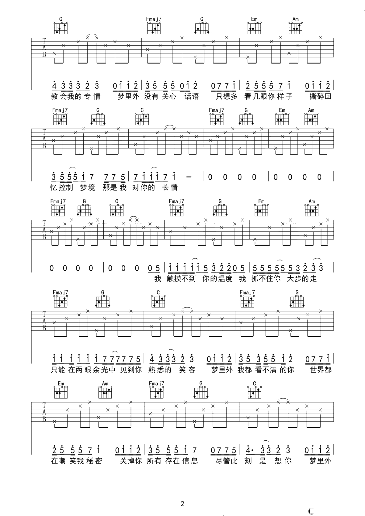 梦里梦外吉他谱-JAM-六线谱-C调弹唱谱2
