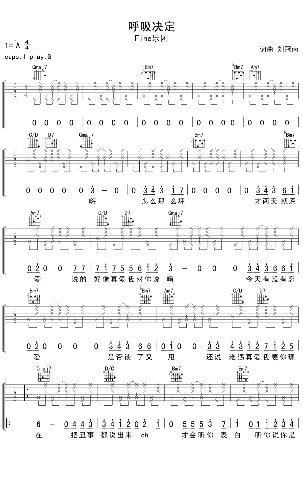 呼吸决定吉他谱简单版-FINE乐团TXT原版谱1