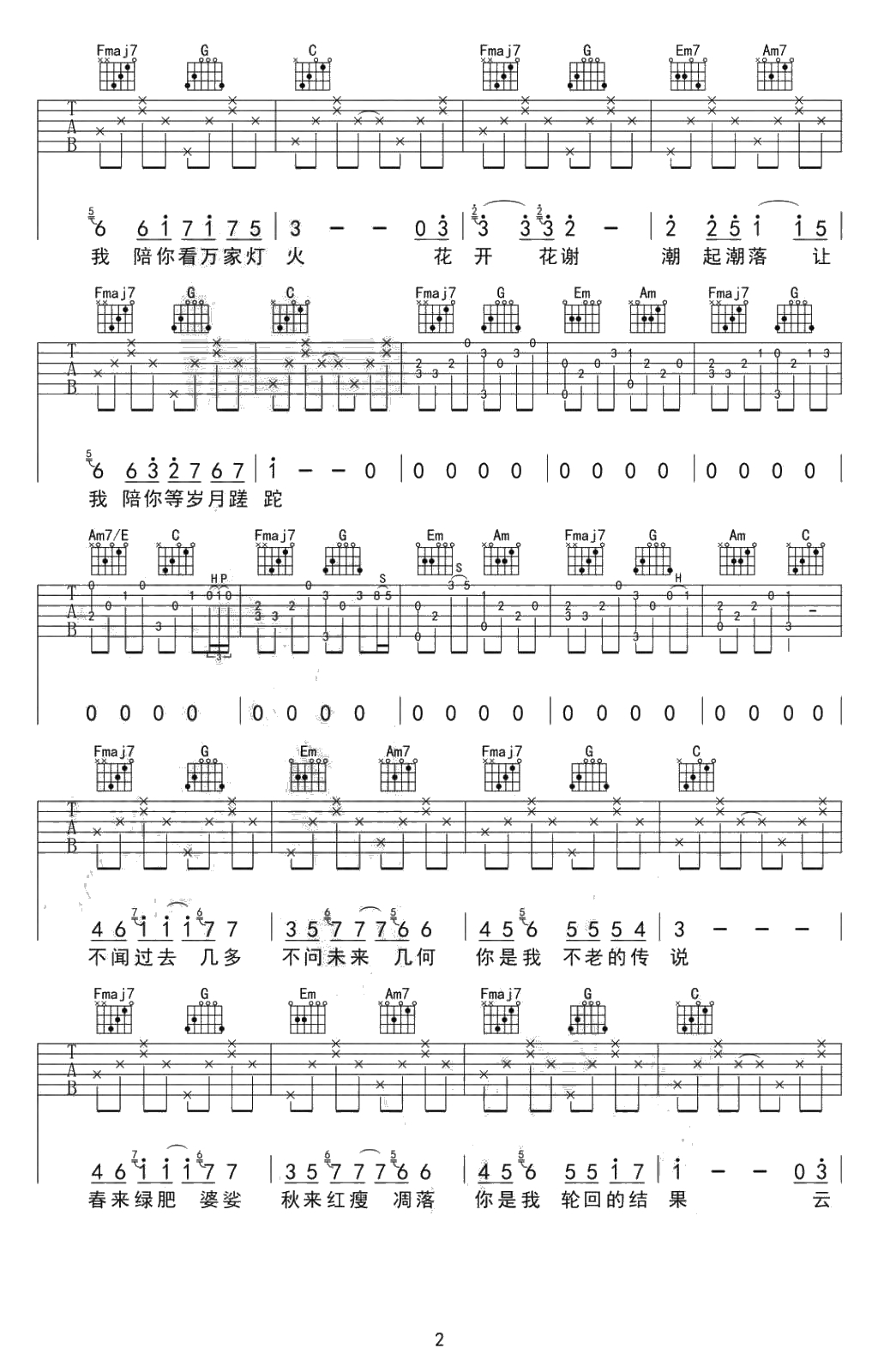 陪你看万家灯火吉他谱-夏沙-高清弹唱谱-C调原版六线谱2