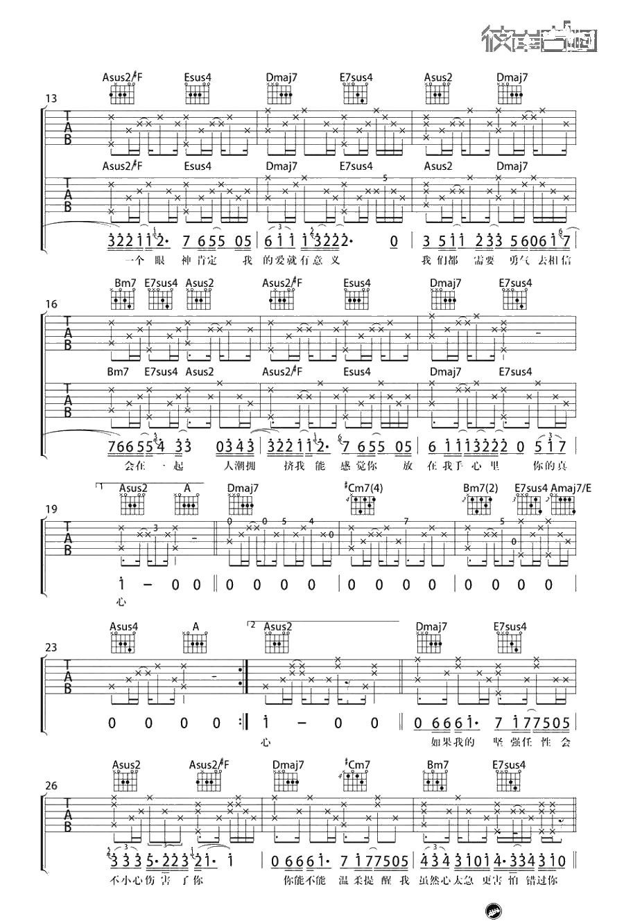勇气吉他谱-A调吉他弹唱六线谱-梁静茹2