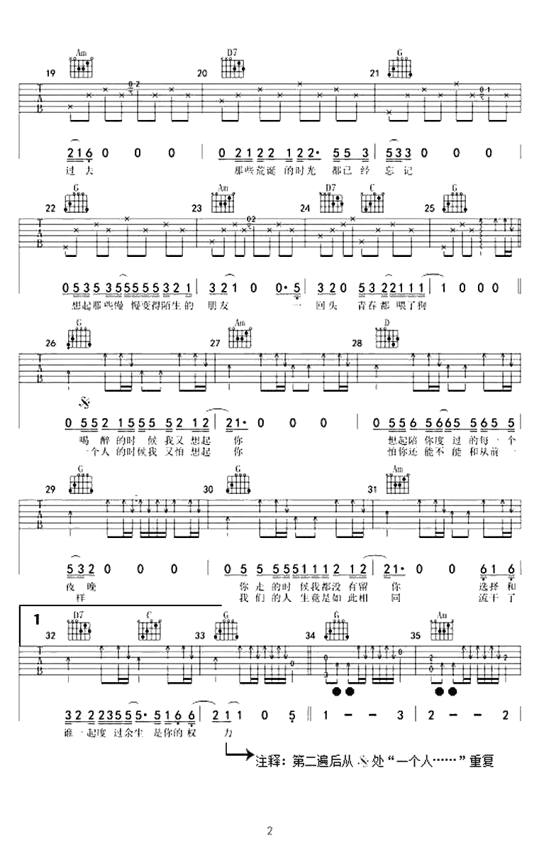 狗日的青春吉他谱-贰佰-G调六线谱-吉他弹唱2