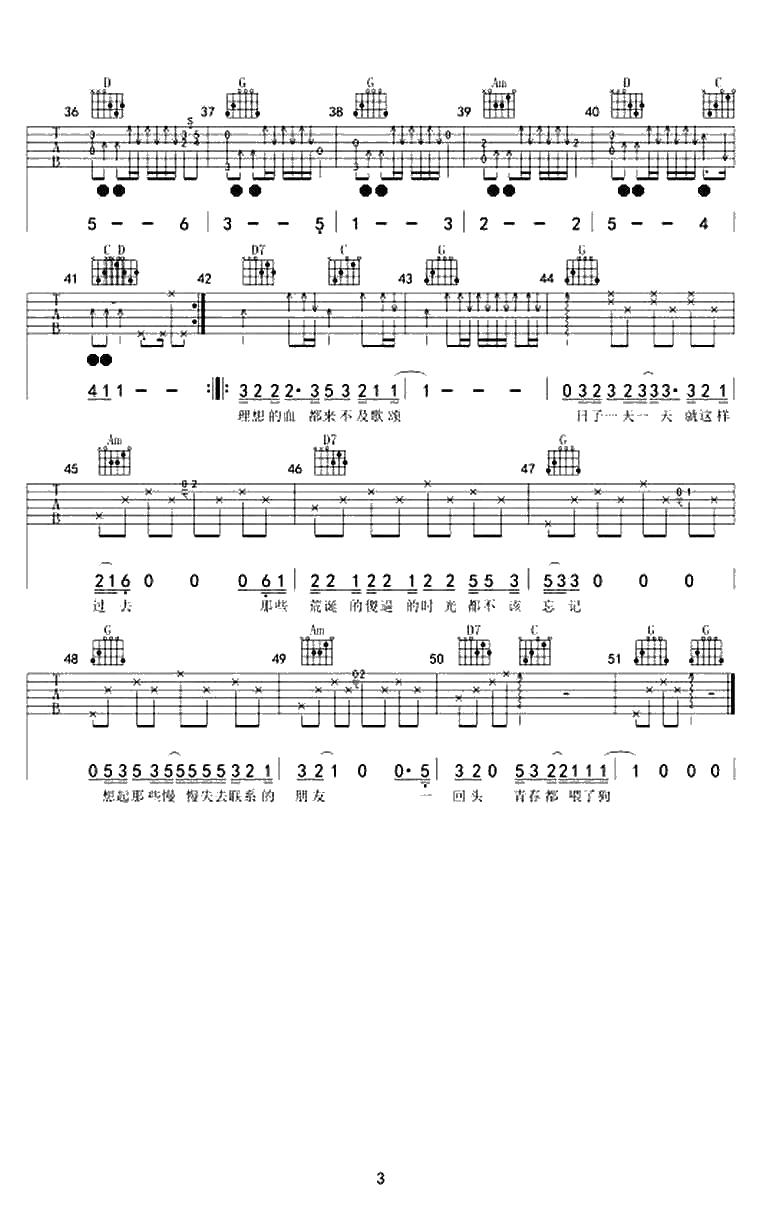 狗日的青春吉他谱-贰佰-G调六线谱-吉他弹唱3
