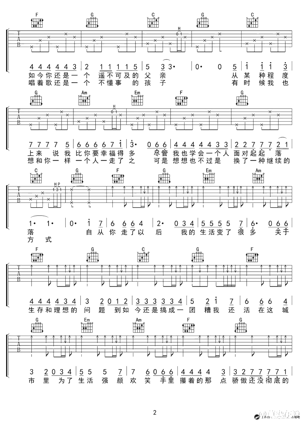 给英格兰友人吉他谱 C调弹唱谱 莫染 六线谱原版2