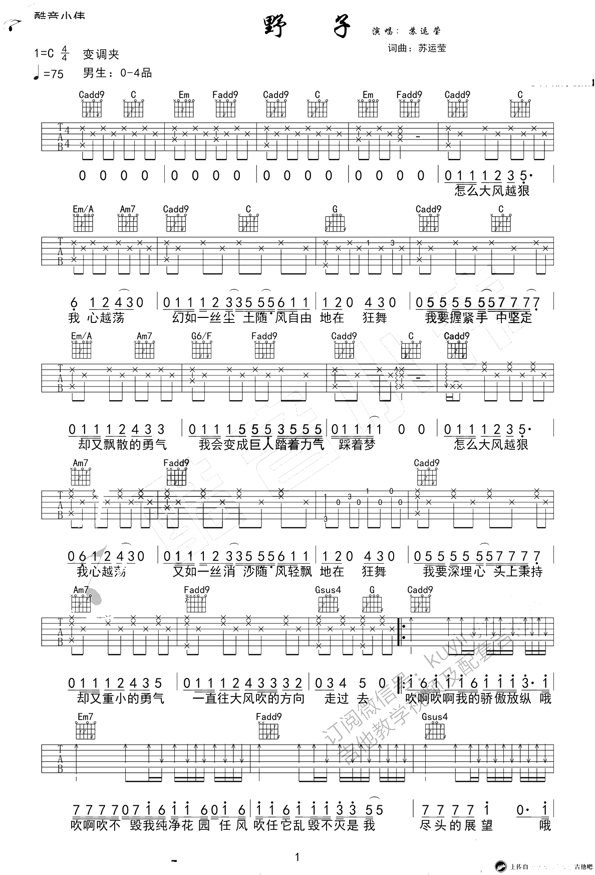 野子吉他谱C调原版-苏运莹-野子吉他弹唱1