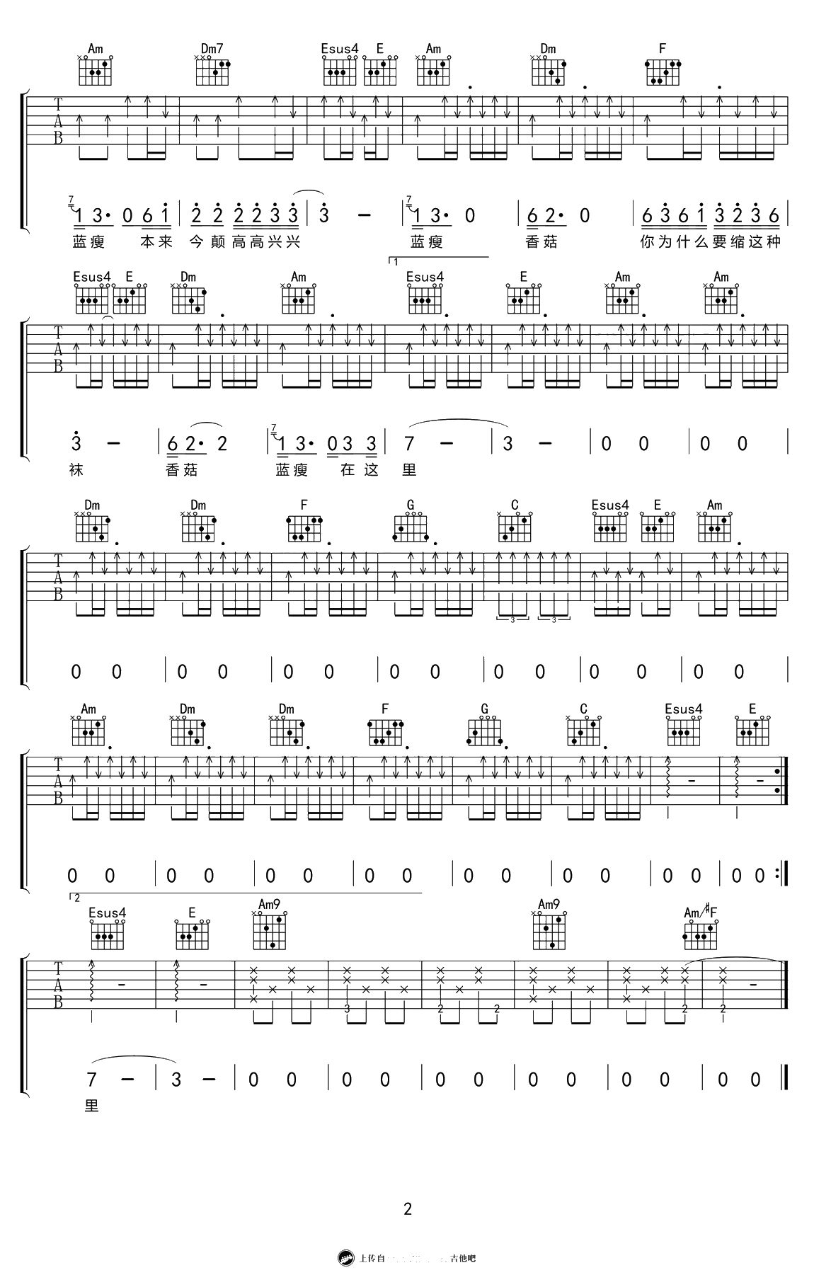 蓝瘦香菇吉他谱-C调弹唱谱-蓝瘦香菇六线谱2