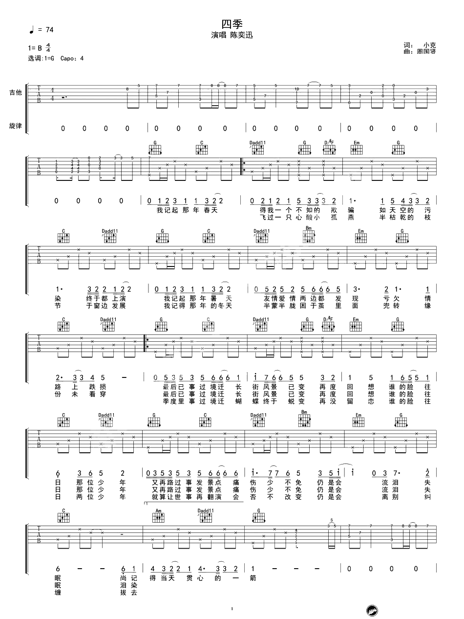 四季吉他谱-陈奕迅-四季六线谱-1